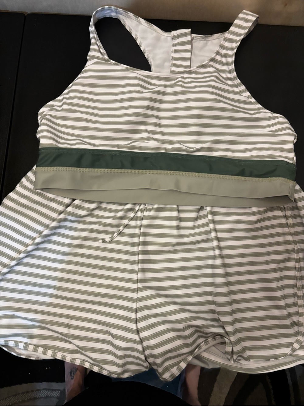 Women’s Striped Green & White Tankini Set - Sporty Swim Bikini